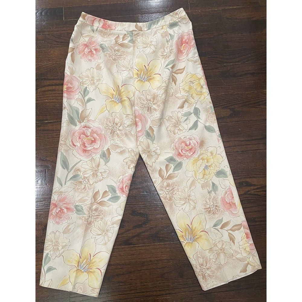 Talbots Petites Silk Blend Pants 14 Tan Pink Yellow Floral Straight Leg Side Zip - Picture 6 of 9